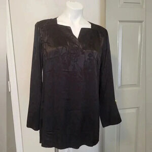 Chico's Floral Satin Jacquard Popover Black Long Sleeve Blouse(2)12/14
